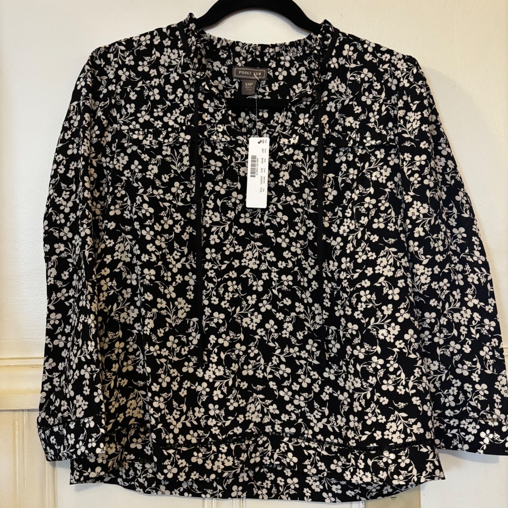 J.Crew Point Sur Women's XSP Petite Black White Floral Popover Blouse NWT Silk
